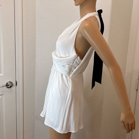 MM Couture By Miss Me Top Cream Ivory Off White Pleated  Black Neck Tie Back - Picture 5 of 11
